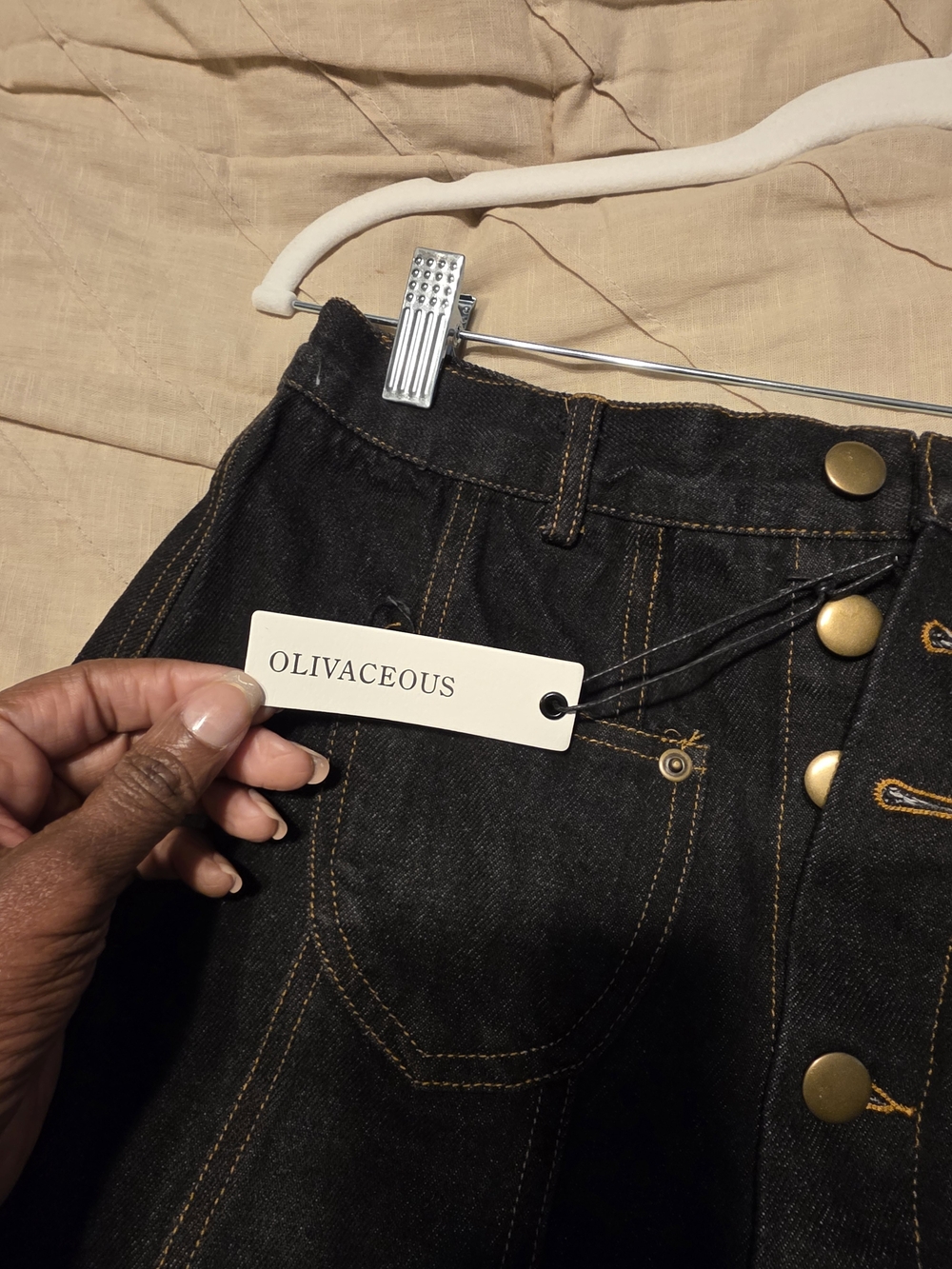 4Olivaceous High-Rise Dark Wash Button-Fly Jean Skirt